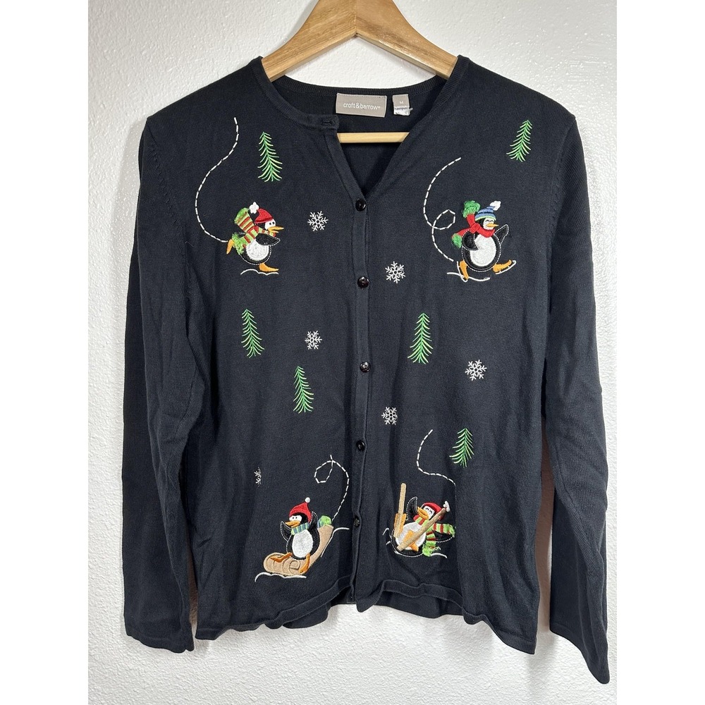 Croft & Barrow Sweater Womens Medium Penguin Christmas Cardigan Holiday Cute Pul